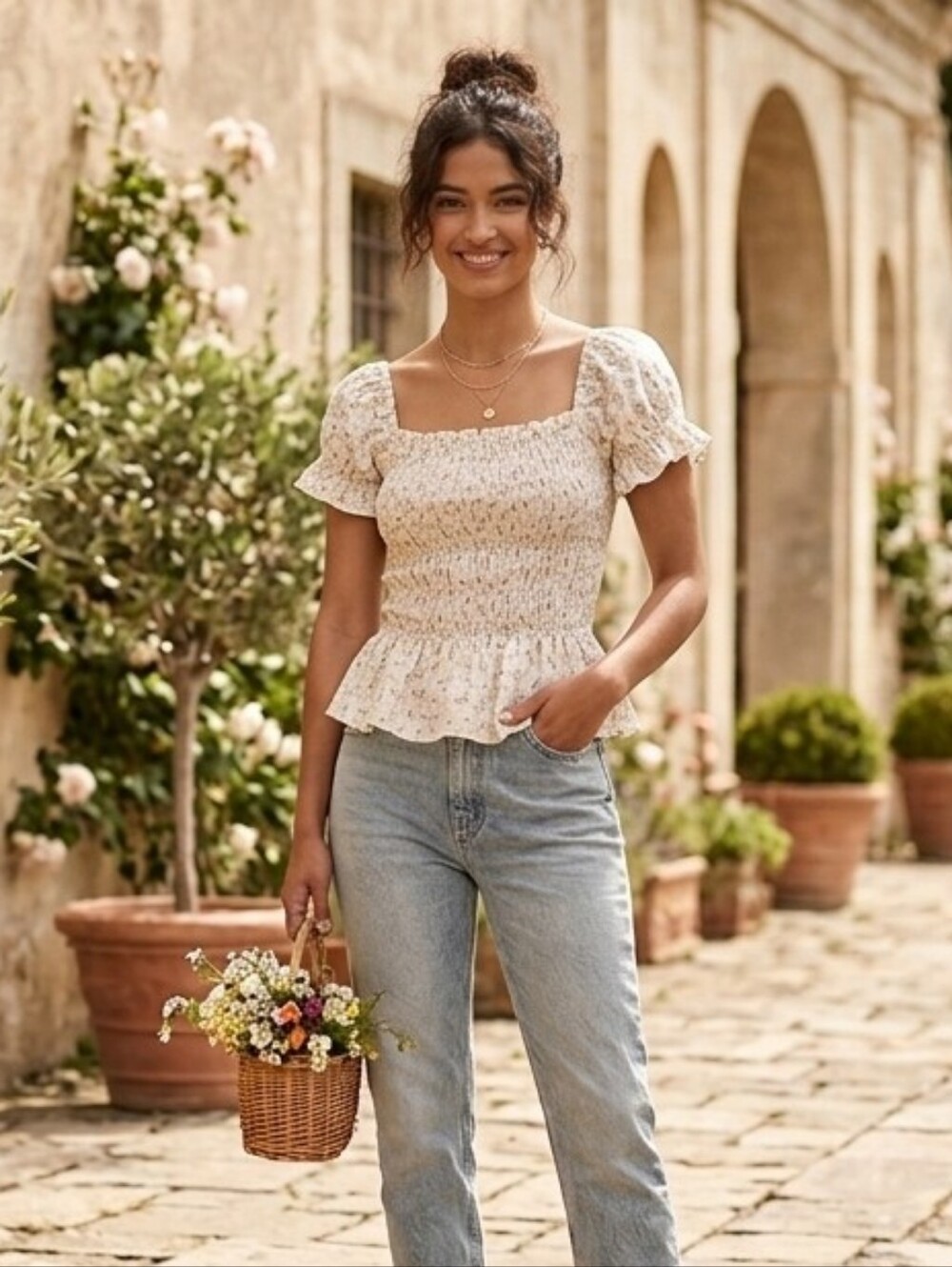 🎀Floral Top - Cream